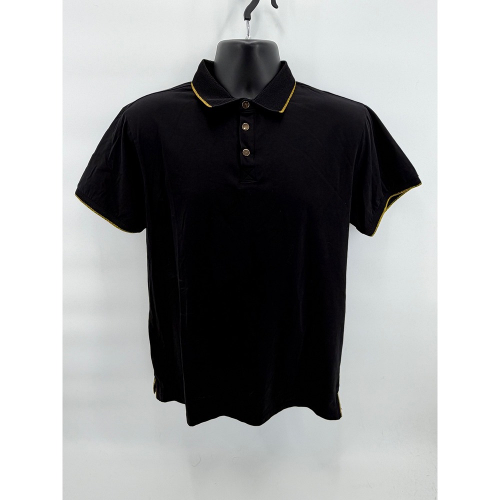 Scott James Polo Shirt Mens Large Black Excellent Gold Trim Short Sleeve Cotton